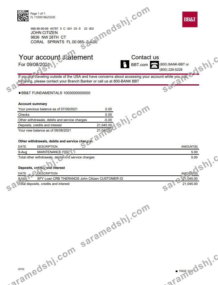 USA North Carolina BB&T Corp. bank account statement template in Word and PDF format